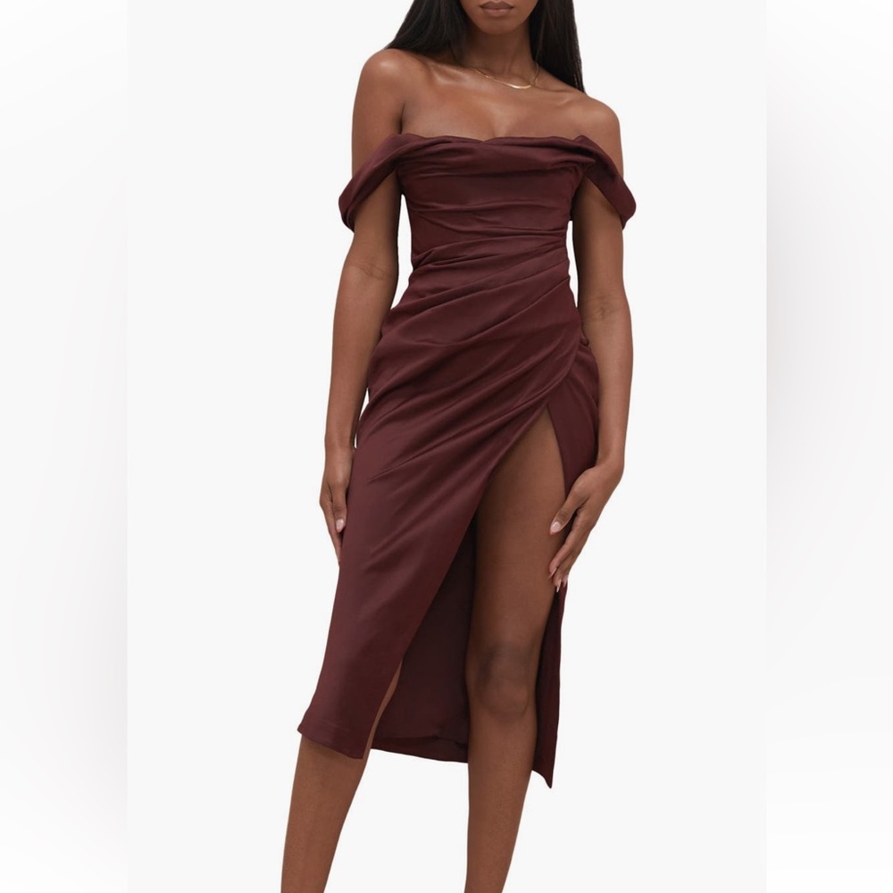 House of CB Burgundy Ruched Wrap Midi Dress with High Thigh Slit